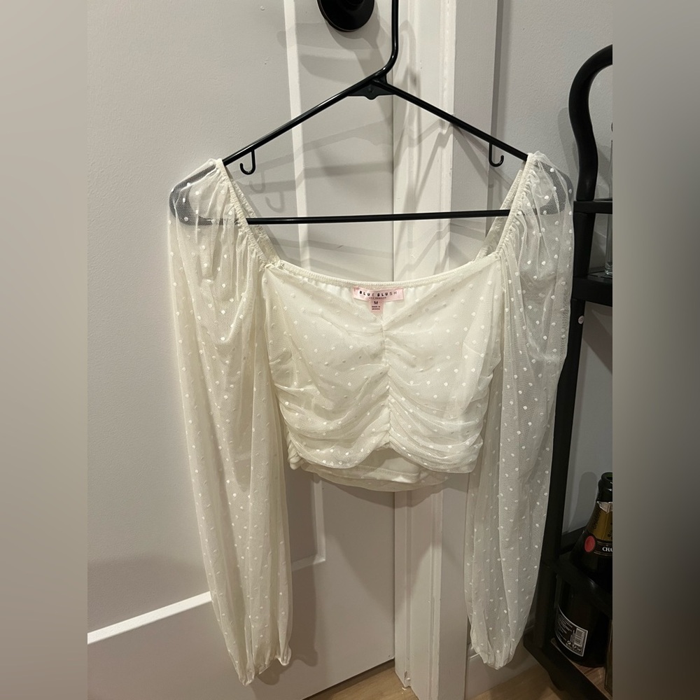 Sheer White Long Sleeved Polka Dot Cropped Top